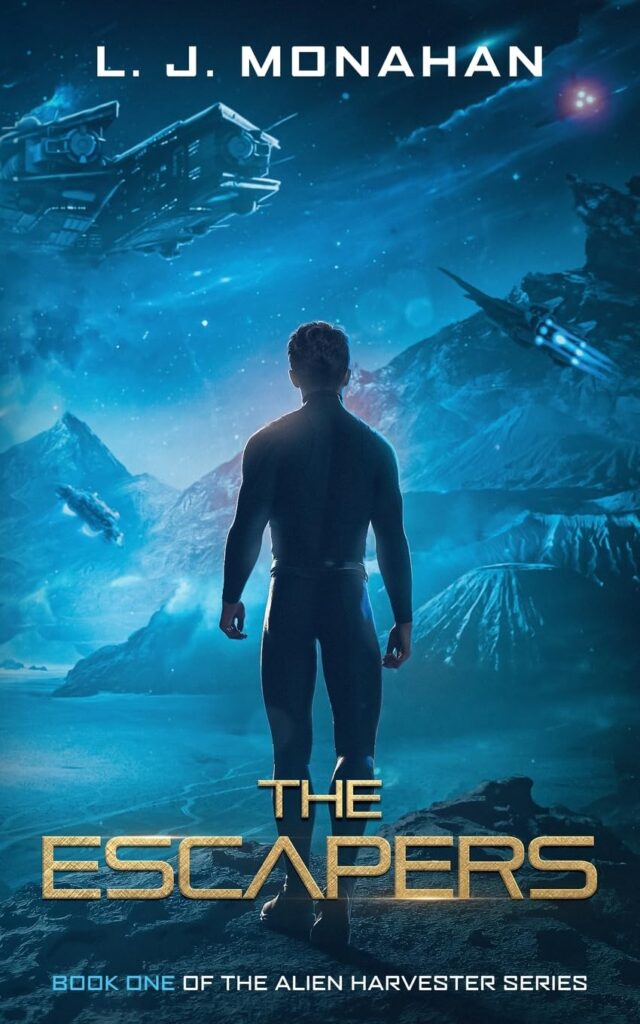 Cover of The Escapers book 1, featuring the back of a teen boy staring at a sci-fi landscape in from of him.