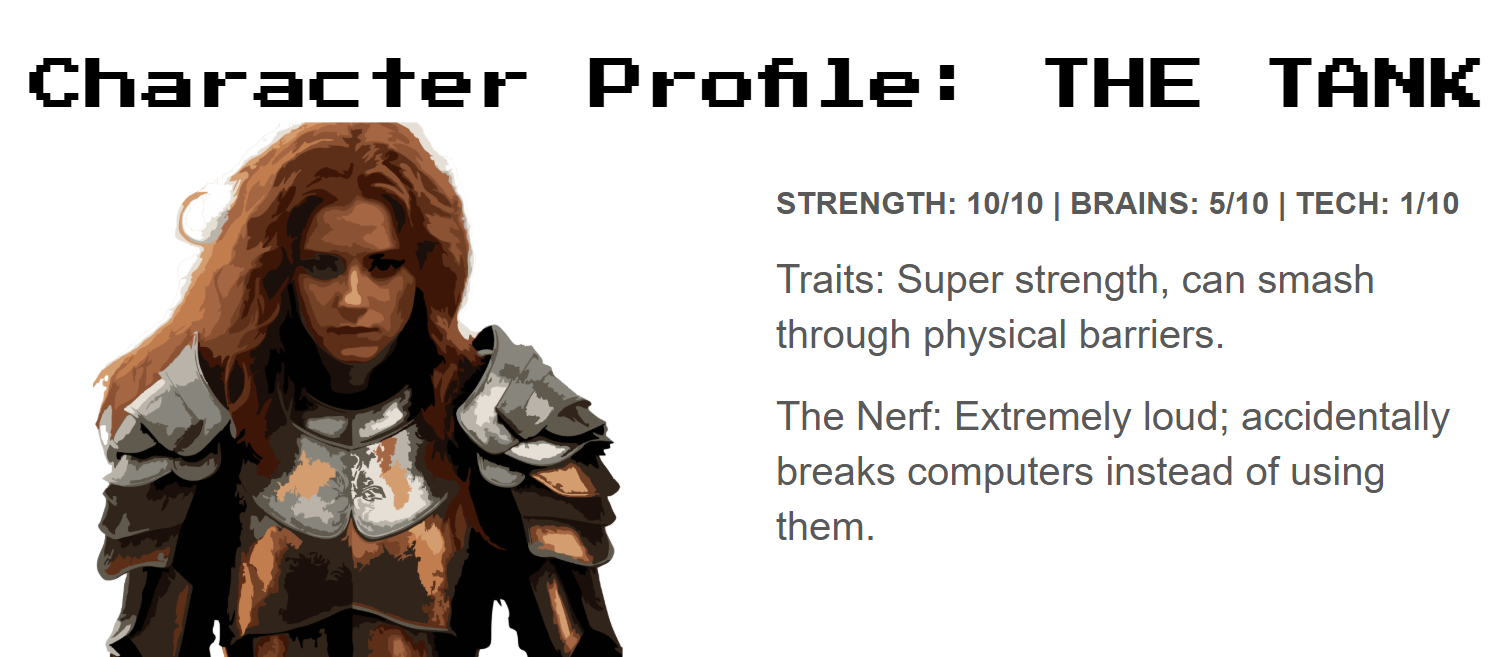 A character profile example called "The Tank," featuring a woman in armor with stats and a description.