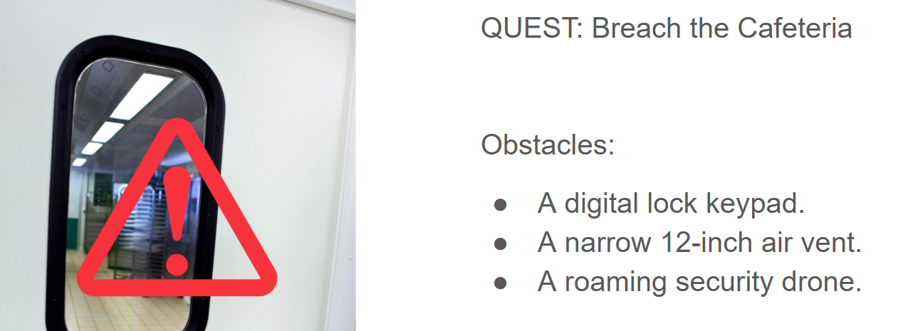 An image of a cafeteria door with a hazard exclamation over it and text on the right side that details the "Quest" and the "Obstacles."