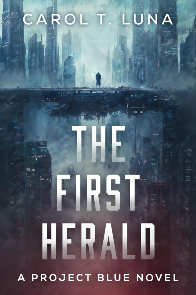 Book cover for The First Herald, featuring a dark, Blade Runner-esque cityscape and a shadowy figure standing on a bridge in the distance.