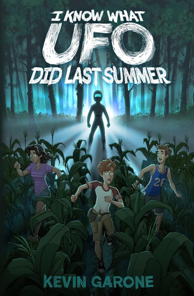 Book cover for I Know What UFO Did Last Summer, featuring kids running from a shadowy figure coming out of a forest.