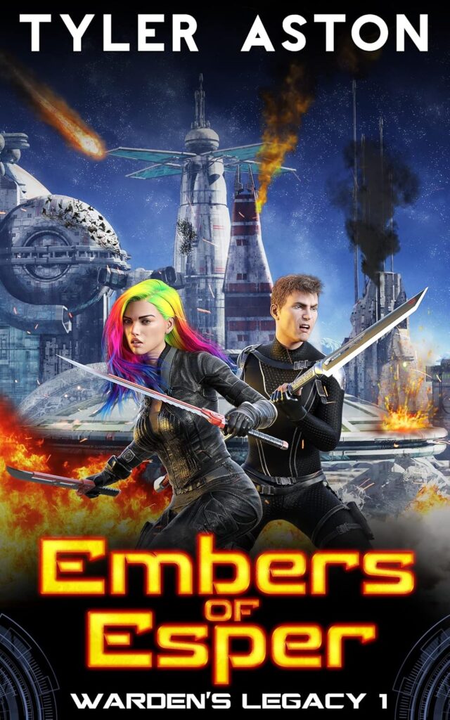 Book cover for Embers of Esper, featuring a futuristic sci-fi cityscape and two sci-fi warriors wielding swords.
